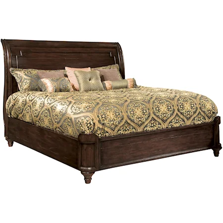 King-Size Bed with Sleigh Headboard & Low-Profile Footboard and Decorative Molding Details